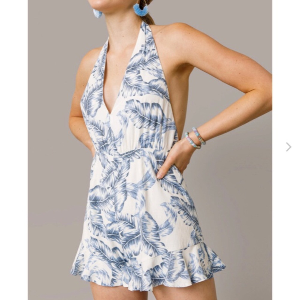 Francesca’s White Halter Neck Palm Romper